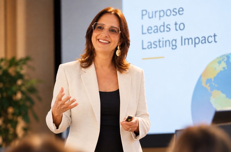 Fabia speaking on stage in front of a slide reading “Purpose Leads to Lasting Impact”
